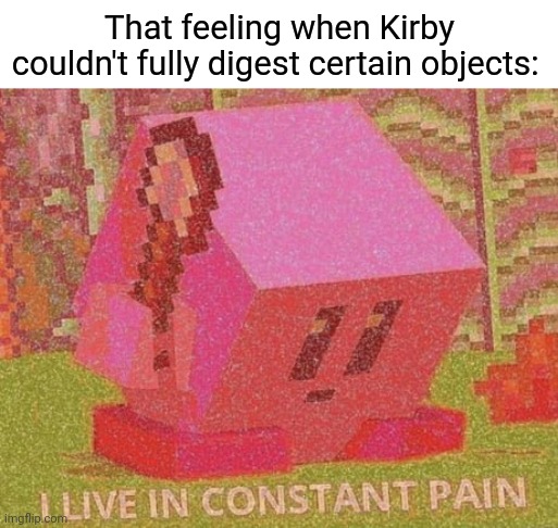 Bruh Kirby gaming moment | That feeling when Kirby couldn't fully digest certain objects: | image tagged in kirby i live in constant pain,kirby,gaming,memes,meme,nintendo | made w/ Imgflip meme maker