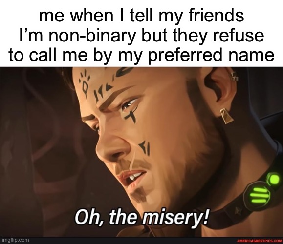 I haven’t actually told anyone yet | me when I tell my friends I’m non-binary but they refuse to call me by my preferred name | image tagged in misery,non binary | made w/ Imgflip meme maker