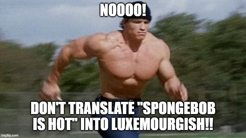 it's bad | NOOOO! DON'T TRANSLATE "SPONGEBOB IS HOT" INTO LUXEMOURGISH!! | image tagged in running arnold | made w/ Imgflip meme maker