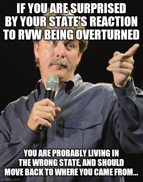 Go Back to California, New York, Illinois, and Hawaii |  IF YOU ARE SURPRISED BY YOUR STATE'S REACTION TO RVW BEING OVERTURNED; YOU ARE PROBABLY LIVING IN THE WRONG STATE, AND SHOULD MOVE BACK TO WHERE YOU CAME FROM... | image tagged in jeff foxworthy,shocked face,states rights,vote,red wave,canada | made w/ Imgflip meme maker