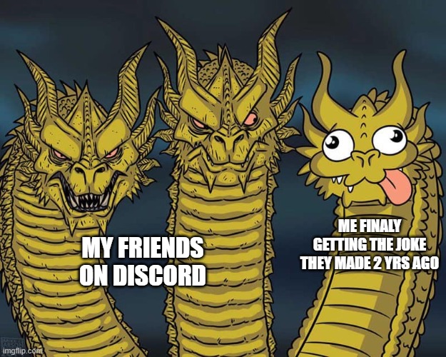 finaly getting the joke | ME FINALY GETTING THE JOKE THEY MADE 2 YRS AGO; MY FRIENDS ON DISCORD | image tagged in three dragons | made w/ Imgflip meme maker