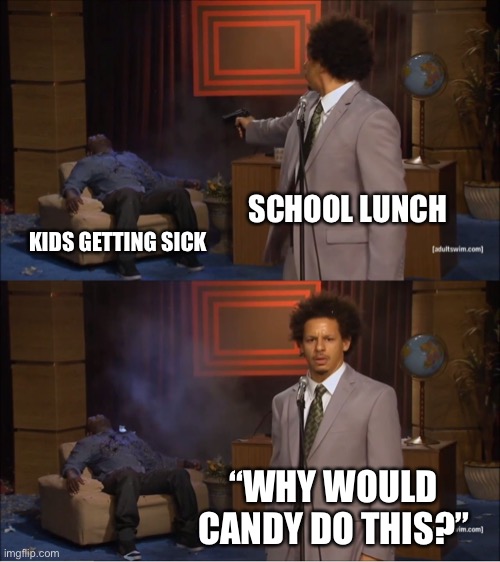 D | SCHOOL LUNCH; KIDS GETTING SICK; “WHY WOULD CANDY DO THIS?” | image tagged in memes,who killed hannibal,school lunch,candy | made w/ Imgflip meme maker