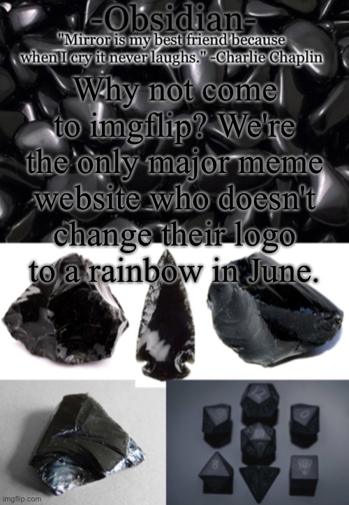 Obsidian | Why not come to imgflip? We're the only major meme website who doesn't change their logo to a rainbow in June. | image tagged in obsidian | made w/ Imgflip meme maker