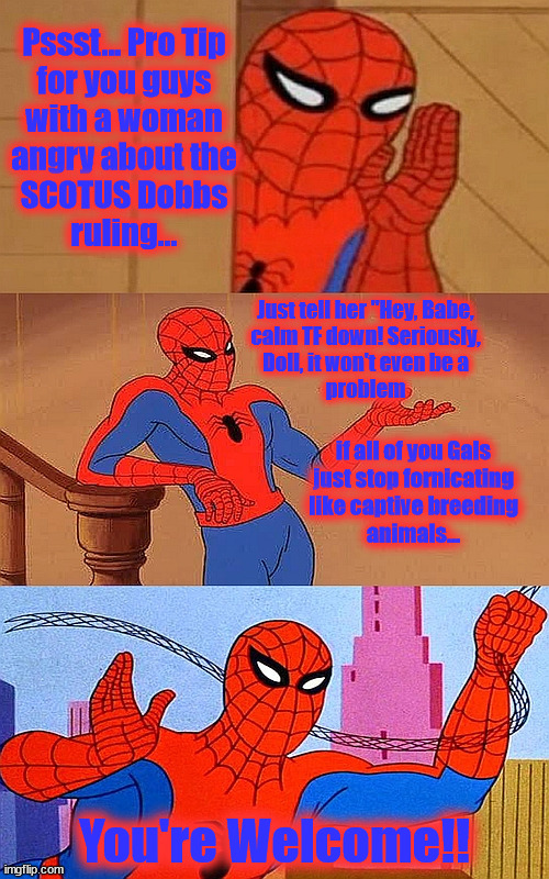 Spidey Tip | Pssst... Pro Tip
for you guys
with a woman
angry about the
SCOTUS Dobbs
ruling... Just tell her "Hey, Babe,
calm TF down! Seriously,
Doll, it won't even be a
problem; if all of you Gals
just stop fornicating
like captive breeding
animals... You're Welcome!! | image tagged in scotus,dobbs,supreme court,spider-man,roe,wade | made w/ Imgflip meme maker