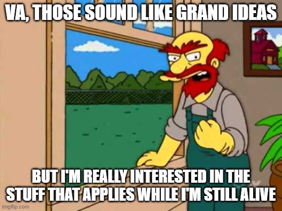 VA while i'm still alive | VA, THOSE SOUND LIKE GRAND IDEAS; BUT I'M REALLY INTERESTED IN THE STUFF THAT APPLIES WHILE I'M STILL ALIVE | image tagged in groundskeeper willie from the simpsons | made w/ Imgflip meme maker