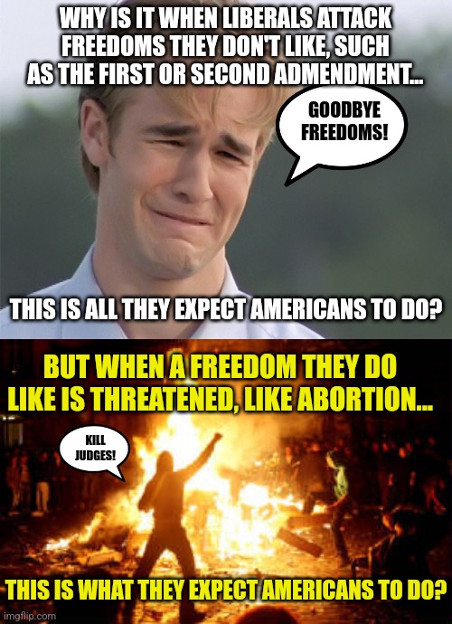 Funny how Democrats resort to violence first. You're seeing Germany's Brownshirts all over again. | WHY IS IT WHEN LIBERALS ATTACK FREEDOMS THEY DON'T LIKE, SUCH AS THE FIRST OR SECOND ADMENDMENT... GOODBYE FREEDOMS! THIS IS ALL THEY EXPECT AMERICANS TO DO? BUT WHEN A FREEDOM THEY DO LIKE IS THREATENED, LIKE ABORTION... KILL JUDGES! THIS IS WHAT THEY EXPECT AMERICANS TO DO? | image tagged in crying guy,anarchy riot,crying democrats,liberal violence,liberal hypocrisy,social media | made w/ Imgflip meme maker