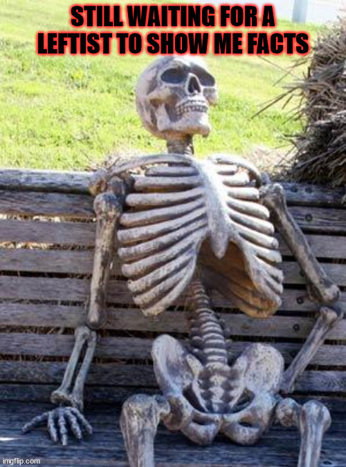 Waiting Skeleton | STILL WAITING FOR A LEFTIST TO SHOW ME FACTS | image tagged in memes,waiting skeleton | made w/ Imgflip meme maker