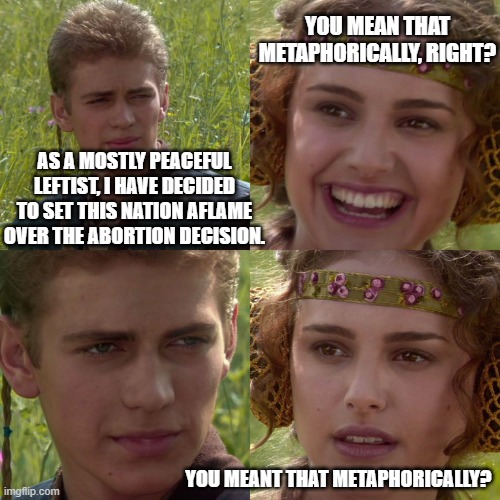 Yeah . . . no they don't and AOC and Maxine Waters endorsed the violence yesterday. |  YOU MEAN THAT METAPHORICALLY, RIGHT? AS A MOSTLY PEACEFUL LEFTIST, I HAVE DECIDED TO SET THIS NATION AFLAME OVER THE ABORTION DECISION. YOU MEANT THAT METAPHORICALLY? | image tagged in anakin padme 4 panel | made w/ Imgflip meme maker