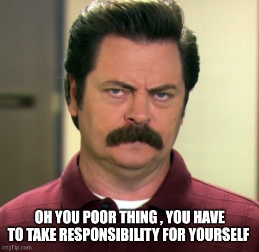 Ron Swanson | OH YOU POOR THING , YOU HAVE TO TAKE RESPONSIBILITY FOR YOURSELF | image tagged in ron swanson | made w/ Imgflip meme maker