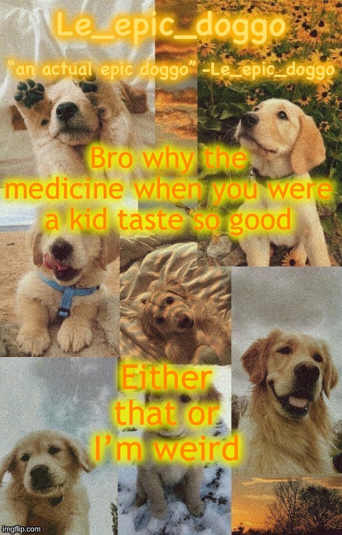 to me it tasted bad -blobie (damn) | Bro why the medicine when you were a kid taste so good; Either that or I’m weird | image tagged in doggo temp by doggo wait what that s confusing | made w/ Imgflip meme maker
