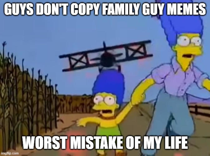 cornfield | GUYS DON'T COPY FAMILY GUY MEMES; WORST MISTAKE OF MY LIFE | image tagged in simpsons,family guy,memes,plagiarism | made w/ Imgflip meme maker