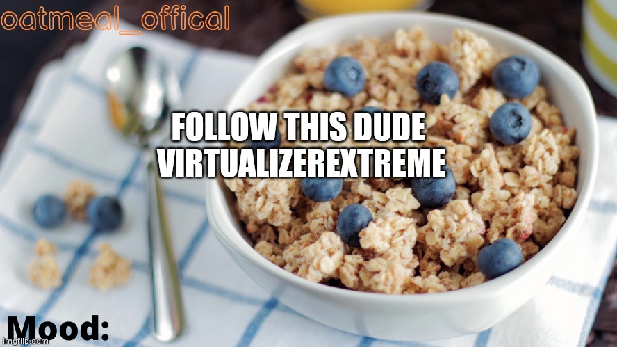 The Oat Temp | FOLLOW THIS DUDE 
VIRTUALIZEREXTREME | image tagged in the oat temp | made w/ Imgflip meme maker