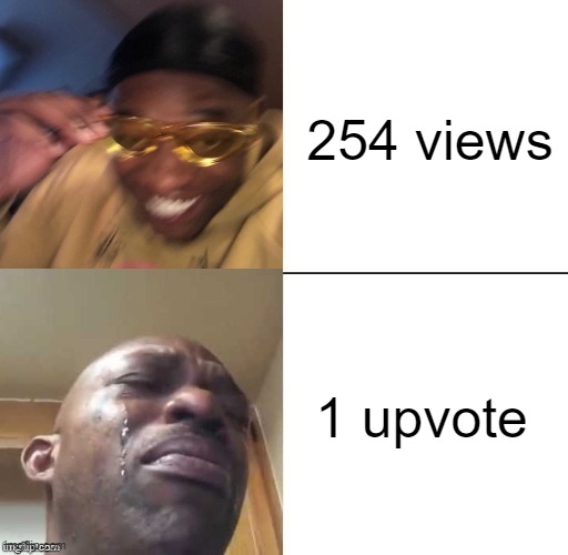 :( | 254 views; 1 upvote | image tagged in wearing sunglasses crying | made w/ Imgflip meme maker