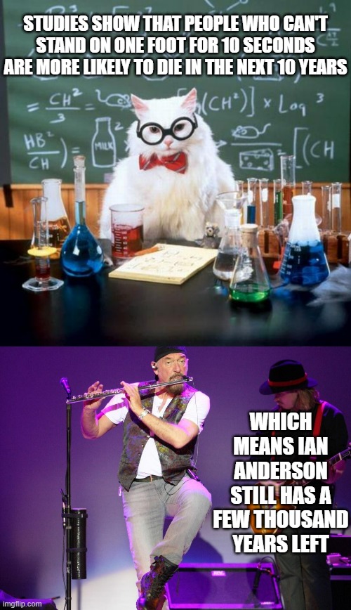 Good news for prog-rock enthusiasts |  STUDIES SHOW THAT PEOPLE WHO CAN'T STAND ON ONE FOOT FOR 10 SECONDS ARE MORE LIKELY TO DIE IN THE NEXT 10 YEARS; WHICH MEANS IAN ANDERSON STILL HAS A FEW THOUSAND YEARS LEFT | image tagged in memes,chemistry cat,ian anderson | made w/ Imgflip meme maker