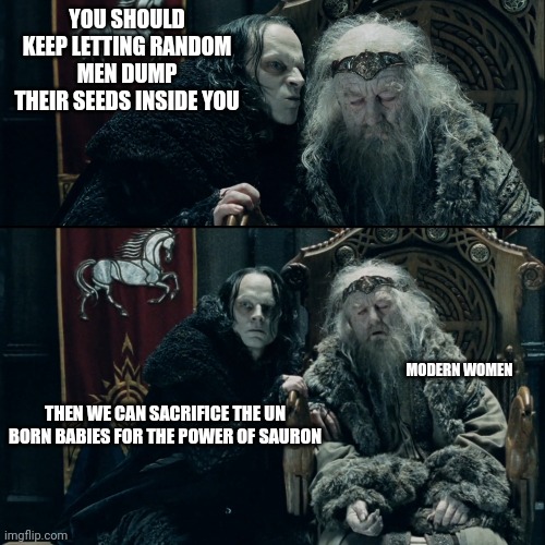 grima wormtongue | YOU SHOULD KEEP LETTING RANDOM MEN DUMP THEIR SEEDS INSIDE YOU; MODERN WOMEN; THEN WE CAN SACRIFICE THE UN BORN BABIES FOR THE POWER OF SAURON | image tagged in grima wormtongue | made w/ Imgflip meme maker