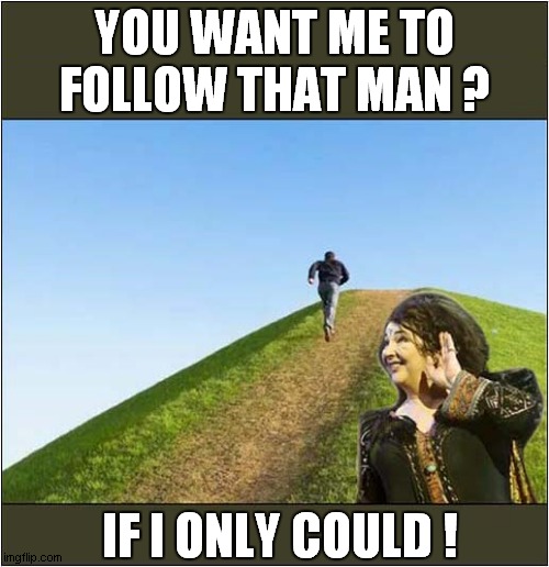 Out Of Shape Kate ! | YOU WANT ME TO FOLLOW THAT MAN ? IF I ONLY COULD ! | image tagged in fun,kate bush,running up the hill,too old | made w/ Imgflip meme maker