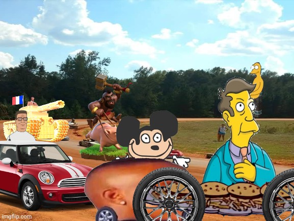 Mario kart meme circuit footage | image tagged in mokey mouse,steamed hams,hank hill,tf2,dababy car,minecraft | made w/ Imgflip meme maker