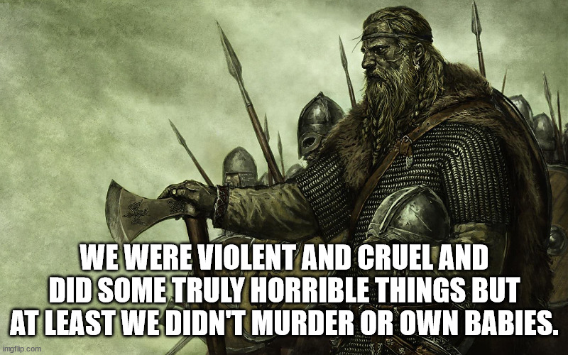 Viking | WE WERE VIOLENT AND CRUEL AND DID SOME TRULY HORRIBLE THINGS BUT AT LEAST WE DIDN'T MURDER OR OWN BABIES. | image tagged in viking | made w/ Imgflip meme maker