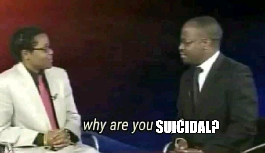 Why are you gay? | SUICIDAL? | image tagged in why are you gay | made w/ Imgflip meme maker