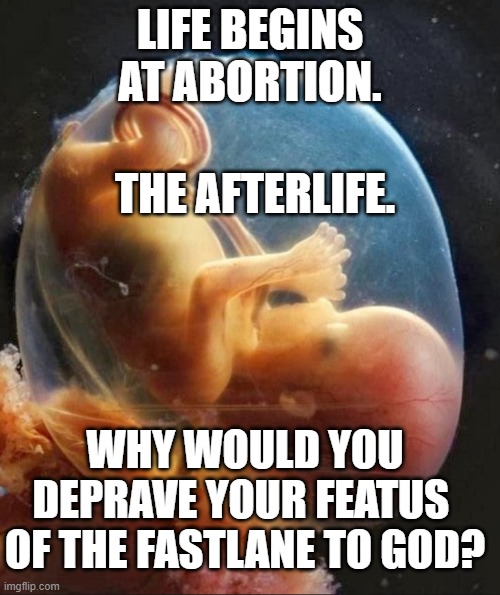 The fastest road to God | LIFE BEGINS AT ABORTION. THE AFTERLIFE. WHY WOULD YOU DEPRAVE YOUR FEATUS 
OF THE FASTLANE TO GOD? | image tagged in life begins at conception,abortion,afterlife,god,featus,fastlane | made w/ Imgflip meme maker