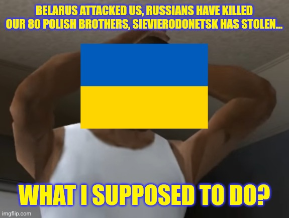 ToT >:@ |  BELARUS ATTACKED US, RUSSIANS HAVE KILLED OUR 80 POLISH BROTHERS, SIEVIERODONETSK HAS STOLEN... WHAT I SUPPOSED TO DO? | image tagged in desperate cj,ukraine,russia,belarus,poland,memes | made w/ Imgflip meme maker