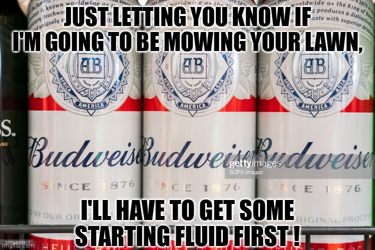 Beer | JUST LETTING YOU KNOW IF I'M GOING TO BE MOWING YOUR LAWN, I'LL HAVE TO GET SOME STARTING FLUID FIRST ! | image tagged in beer | made w/ Imgflip meme maker