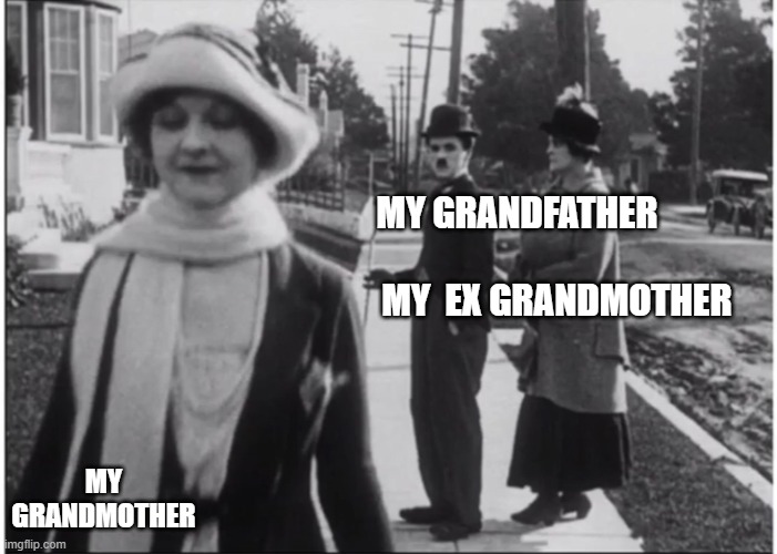 Relations of grands parents. |  MY GRANDFATHER                      MY  EX GRANDMOTHER; MY GRANDMOTHER | image tagged in charlie chaplin | made w/ Imgflip meme maker