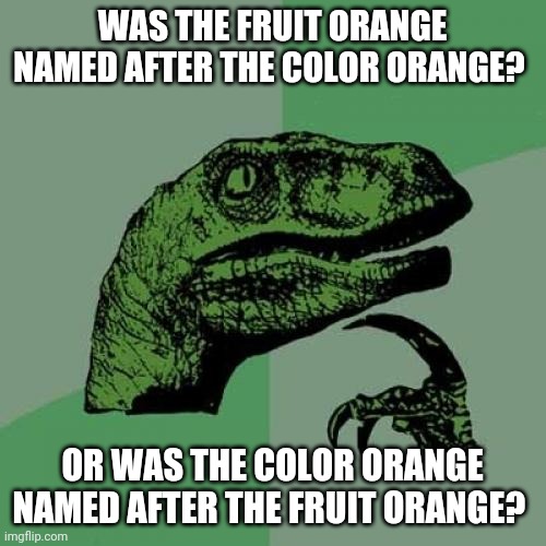 This entered my mind at 2 am | WAS THE FRUIT ORANGE NAMED AFTER THE COLOR ORANGE? OR WAS THE COLOR ORANGE NAMED AFTER THE FRUIT ORANGE? | image tagged in memes,philosoraptor | made w/ Imgflip meme maker