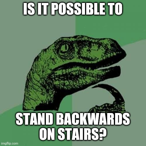 Is it? | IS IT POSSIBLE TO; STAND BACKWARDS ON STAIRS? | image tagged in memes,philosoraptor | made w/ Imgflip meme maker