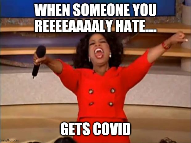 We all know it's true | WHEN SOMEONE YOU REEEEAAAALY HATE.... GETS COVID | image tagged in memes,oprah you get a | made w/ Imgflip meme maker