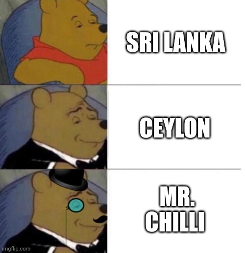 Indians would know | SRI LANKA; CEYLON; MR. CHILLI | image tagged in tuxedo winnie the pooh 3 panel | made w/ Imgflip meme maker