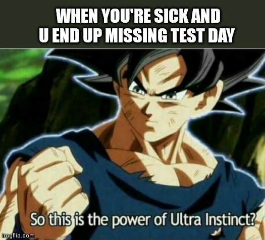 So this is the power of ultra instinct | WHEN YOU'RE SICK AND U END UP MISSING TEST DAY | image tagged in so this is the power of ultra instinct | made w/ Imgflip meme maker