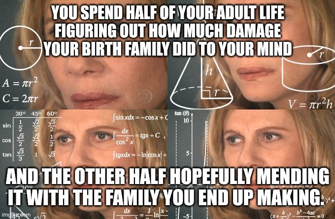 Truth | YOU SPEND HALF OF YOUR ADULT LIFE
FIGURING OUT HOW MUCH DAMAGE
YOUR BIRTH FAMILY DID TO YOUR MIND; AND THE OTHER HALF HOPEFULLY MENDING IT WITH THE FAMILY YOU END UP MAKING. | image tagged in calculating meme,life lessons | made w/ Imgflip meme maker