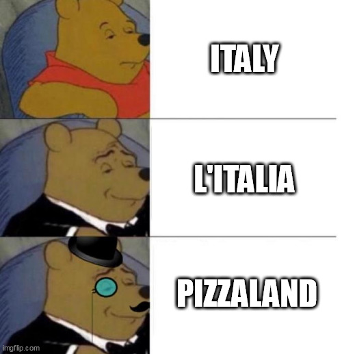 do you like pizza? write in the comments |  ITALY; L'ITALIA; PIZZALAND | image tagged in tuxedo winnie the pooh 3 panel,italy | made w/ Imgflip meme maker