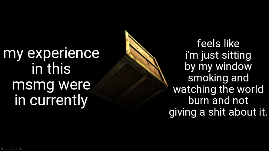box | my experience in this msmg were in currently; feels like i'm just sitting by my window smoking and watching the world burn and not giving a shit about it. | image tagged in box | made w/ Imgflip meme maker