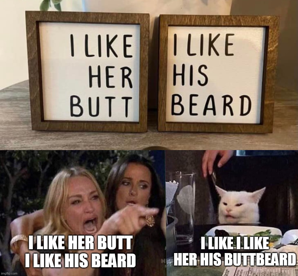 I LIKE HER BUTT
I LIKE HIS BEARD; I LIKE I LIKE HER HIS BUTTBEARD | image tagged in woman yelling at cat,meme,memes,humor | made w/ Imgflip meme maker