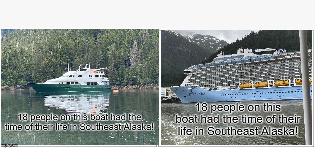 Blank Comic Panel 2x1 | 18 people on this boat had the time of their life in Southeast Alaska! 18 people on this boat had the time of their life in Southeast Alaska! | image tagged in memes,blank comic panel 2x1 | made w/ Imgflip meme maker