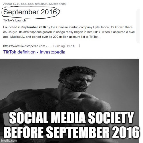 Tiktok sucks |  SOCIAL MEDIA SOCIETY BEFORE SEPTEMBER 2016 | image tagged in giga chad,tiktok,sucks,tiktok sucks,tik tok sucks | made w/ Imgflip meme maker