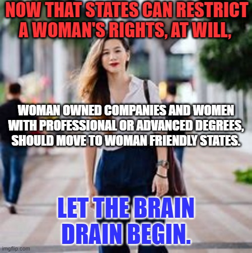 There's no such thing as "Almost Equal Rights." | NOW THAT STATES CAN RESTRICT A WOMAN'S RIGHTS, AT WILL, WOMAN OWNED COMPANIES AND WOMEN WITH PROFESSIONAL OR ADVANCED DEGREES, SHOULD MOVE TO WOMAN FRIENDLY STATES. LET THE BRAIN DRAIN BEGIN. | image tagged in politics | made w/ Imgflip meme maker