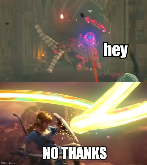 No thanks | NO THANKS | image tagged in guardian hey,link defense world of light,the legend of zelda breath of the wild | made w/ Imgflip meme maker