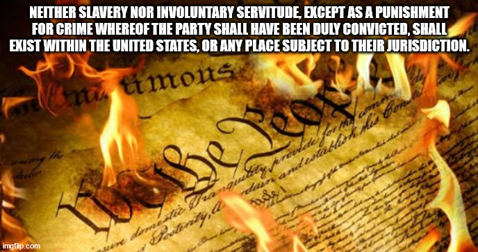 Abortion Ban | NEITHER SLAVERY NOR INVOLUNTARY SERVITUDE, EXCEPT AS A PUNISHMENT FOR CRIME WHEREOF THE PARTY SHALL HAVE BEEN DULY CONVICTED, SHALL EXIST WITHIN THE UNITED STATES, OR ANY PLACE SUBJECT TO THEIR JURISDICTION. | image tagged in constitution in flames,abortion,forced to bear children,roe | made w/ Imgflip meme maker