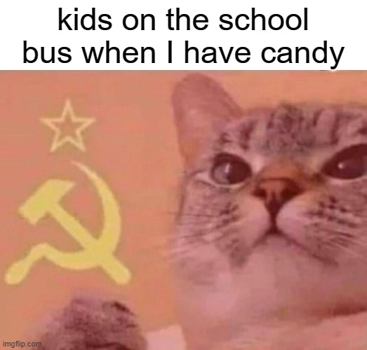 ANTHEM INTENSIFIES | kids on the school bus when I have candy | image tagged in communist cat,bus | made w/ Imgflip meme maker