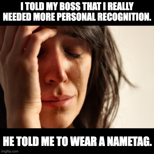 Recognition | I TOLD MY BOSS THAT I REALLY NEEDED MORE PERSONAL RECOGNITION. HE TOLD ME TO WEAR A NAMETAG. | image tagged in memes,first world problems | made w/ Imgflip meme maker