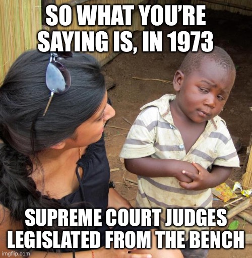 SO WHAT YOU’RE SAYING IS, IN 1973 SUPREME COURT JUDGES LEGISLATED FROM THE BENCH | image tagged in 3rd world sceptical child | made w/ Imgflip meme maker