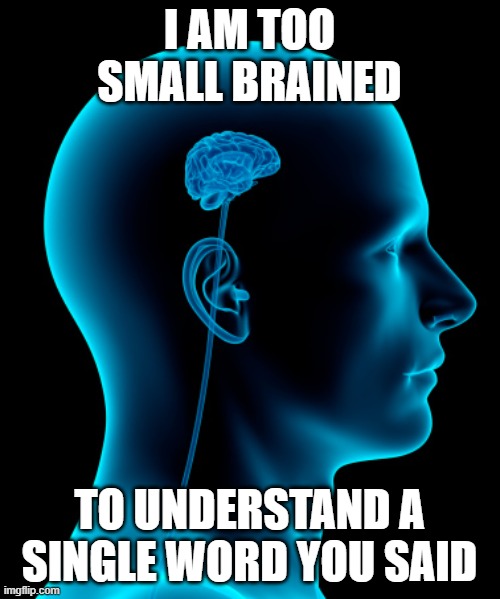 small brain | I AM TOO SMALL BRAINED TO UNDERSTAND A SINGLE WORD YOU SAID | image tagged in small brain | made w/ Imgflip meme maker
