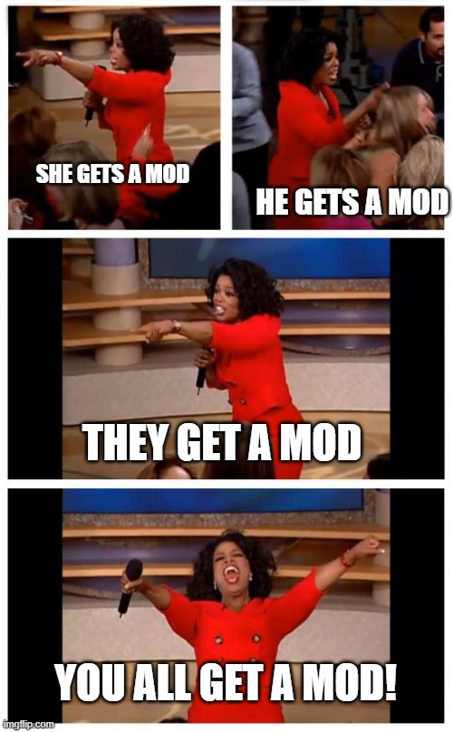 Who wants a mod on this stream? | HE GETS A MOD; SHE GETS A MOD; THEY GET A MOD; YOU ALL GET A MOD! | image tagged in oprah,furry,furries,they,she,he | made w/ Imgflip meme maker