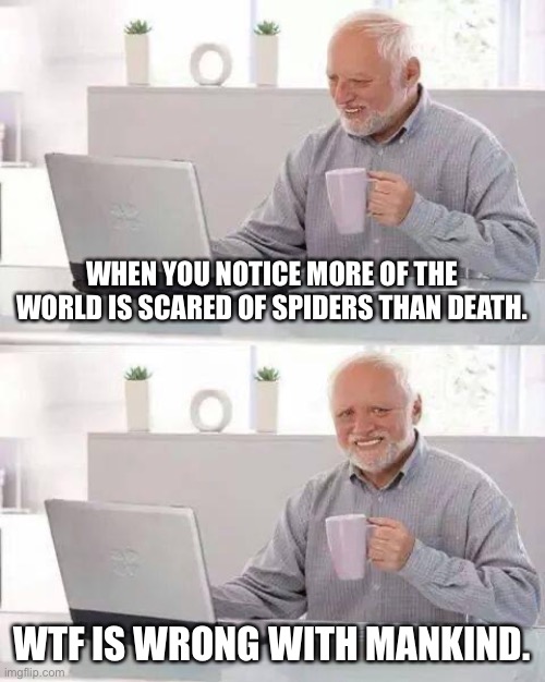 What’s wrong with people | WHEN YOU NOTICE MORE OF THE WORLD IS SCARED OF SPIDERS THAN DEATH. WTF IS WRONG WITH MANKIND. | image tagged in memes,hide the pain harold | made w/ Imgflip meme maker