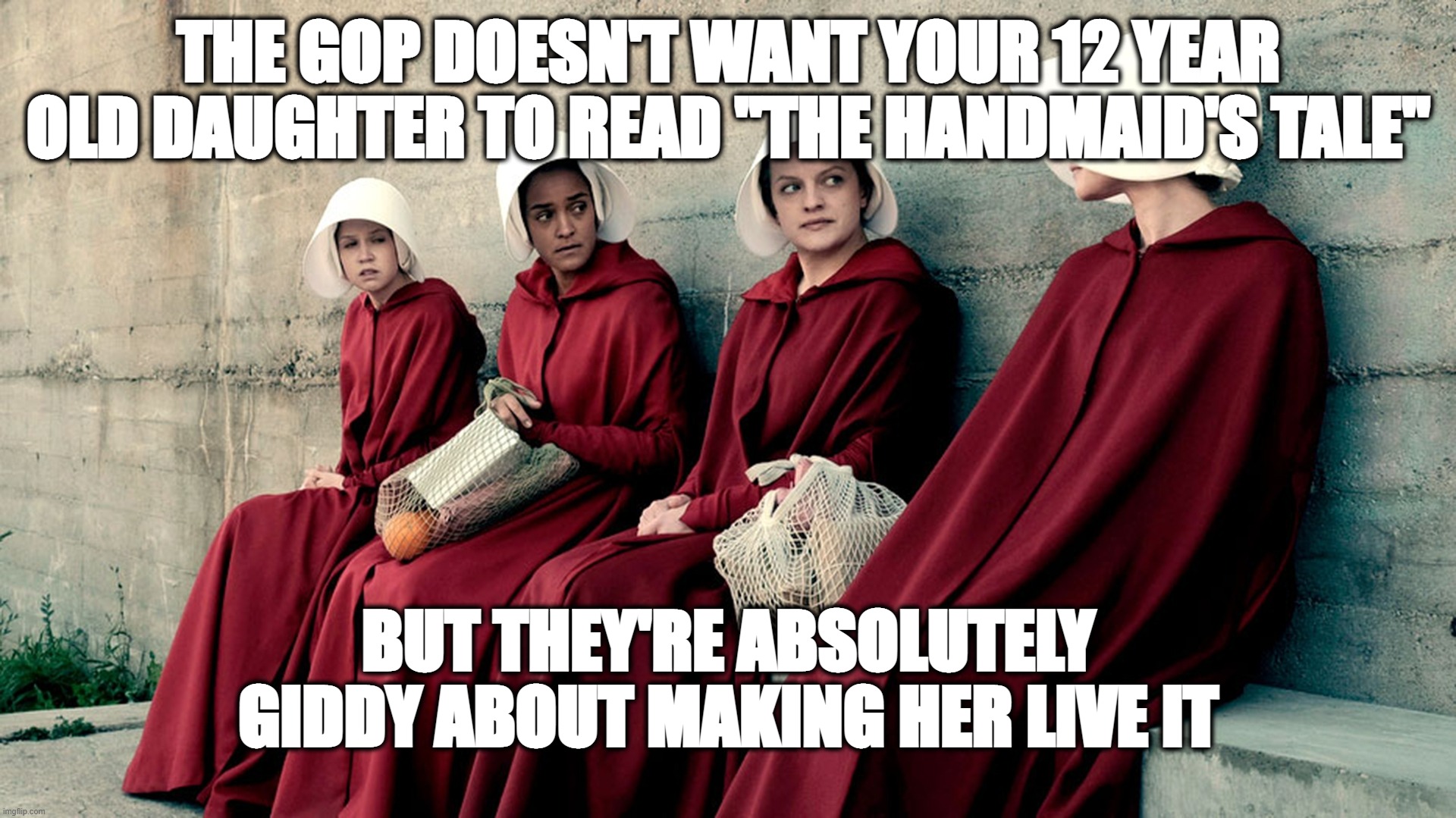 Handmaid's Tale | THE GOP DOESN'T WANT YOUR 12 YEAR OLD DAUGHTER TO READ "THE HANDMAID'S TALE"; BUT THEY'RE ABSOLUTELY GIDDY ABOUT MAKING HER LIVE IT | image tagged in handmaid's tale,gop sucks,incel heaven | made w/ Imgflip meme maker