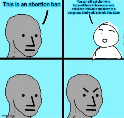 No, Not a State That Totally Sucks! | You can still get abortions, but you'll have to leave your safe and clean Red State and move to a dangerous third-world shithole Blue State; This is an abortion ban | image tagged in npc meme,leftists,abortion,ironic | made w/ Imgflip meme maker