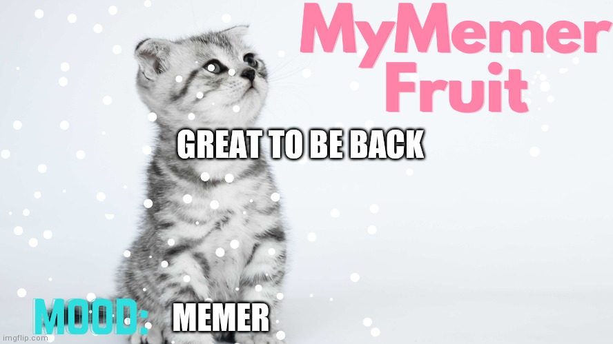 MyMemerFruit Temp 2 | GREAT TO BE BACK; MEMER | image tagged in mymemerfruit temp 2 | made w/ Imgflip meme maker